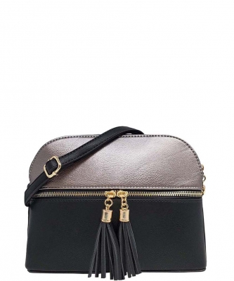 Dual Tone Zip Tassel Multi Compartment Crossbody Bag LP050 PEWTER BLACK